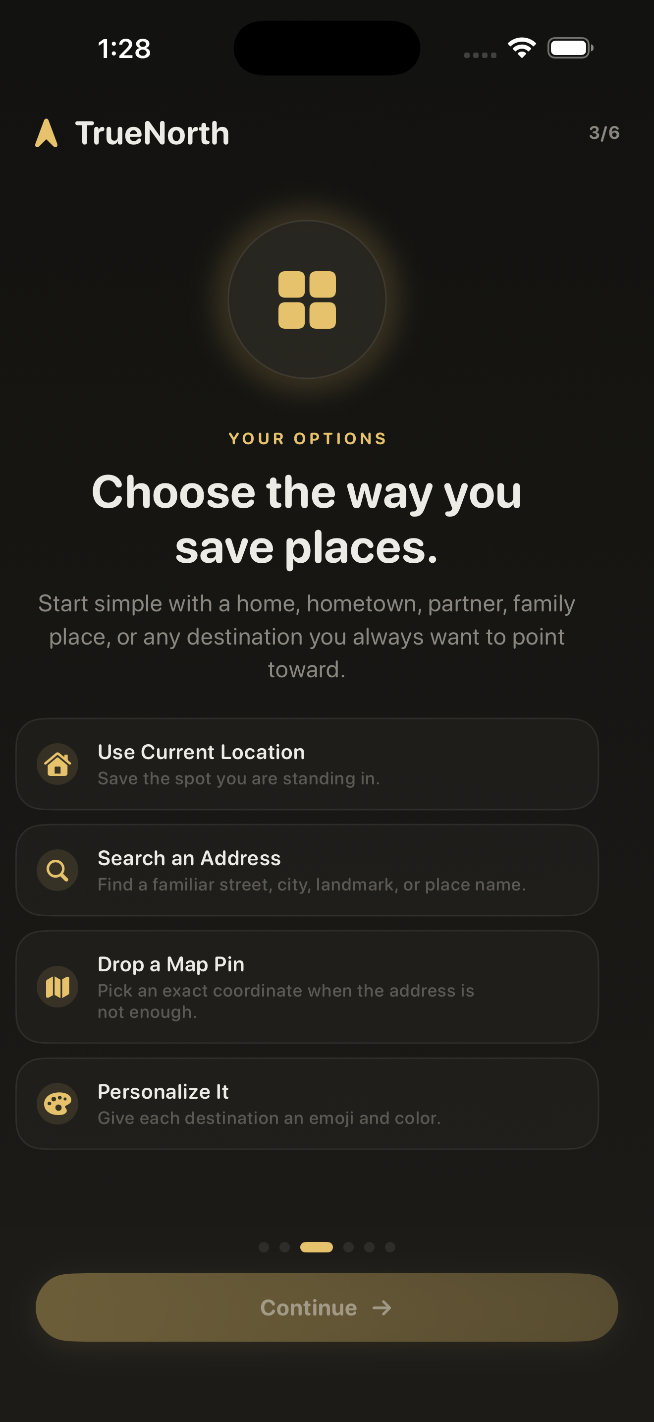 TrueNorth onboarding screen with setup options