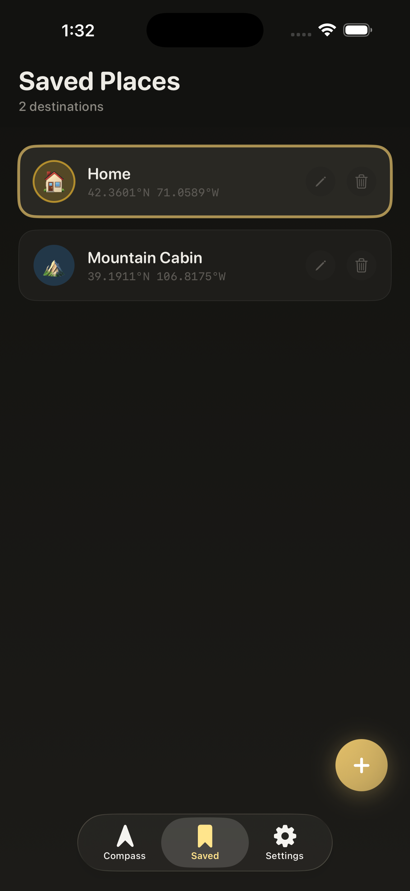 TrueNorth saved places screen showing your destinations